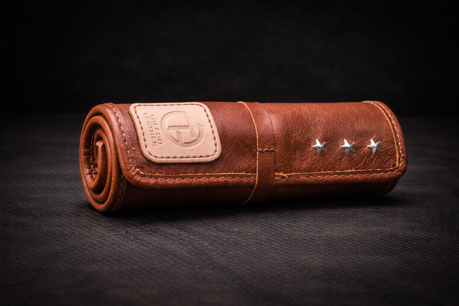 Leather tool roll in focus (1)